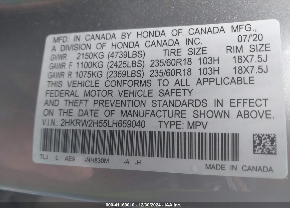 2020 HONDA CR-V AWD EX VIN: 2HKRW2H55LH659040