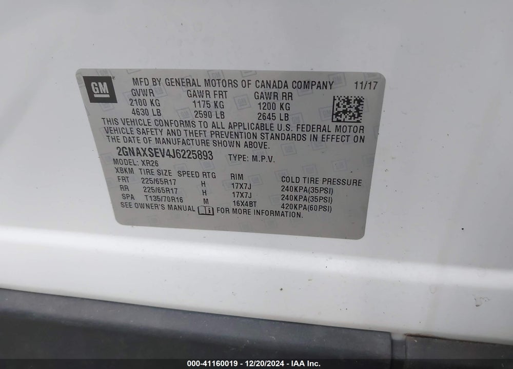 2018 CHEVROLET EQUINOX LT VIN: 2GNAXSEV4J6225893