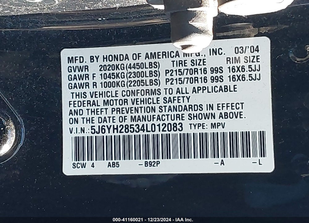2004 HONDA ELEMENT EX VIN: 5J6YH28534L012083
