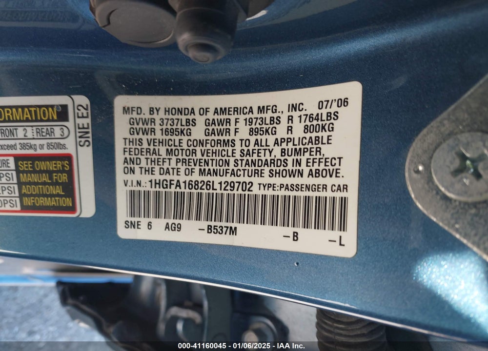 2006 HONDA CIVIC EX VIN: 1HGFA16826L129702