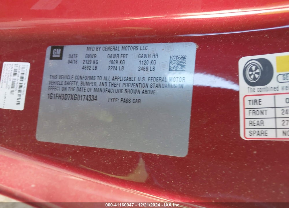2016 CHEVROLET CAMARO VIN: 1G1FH3D7XG0174334