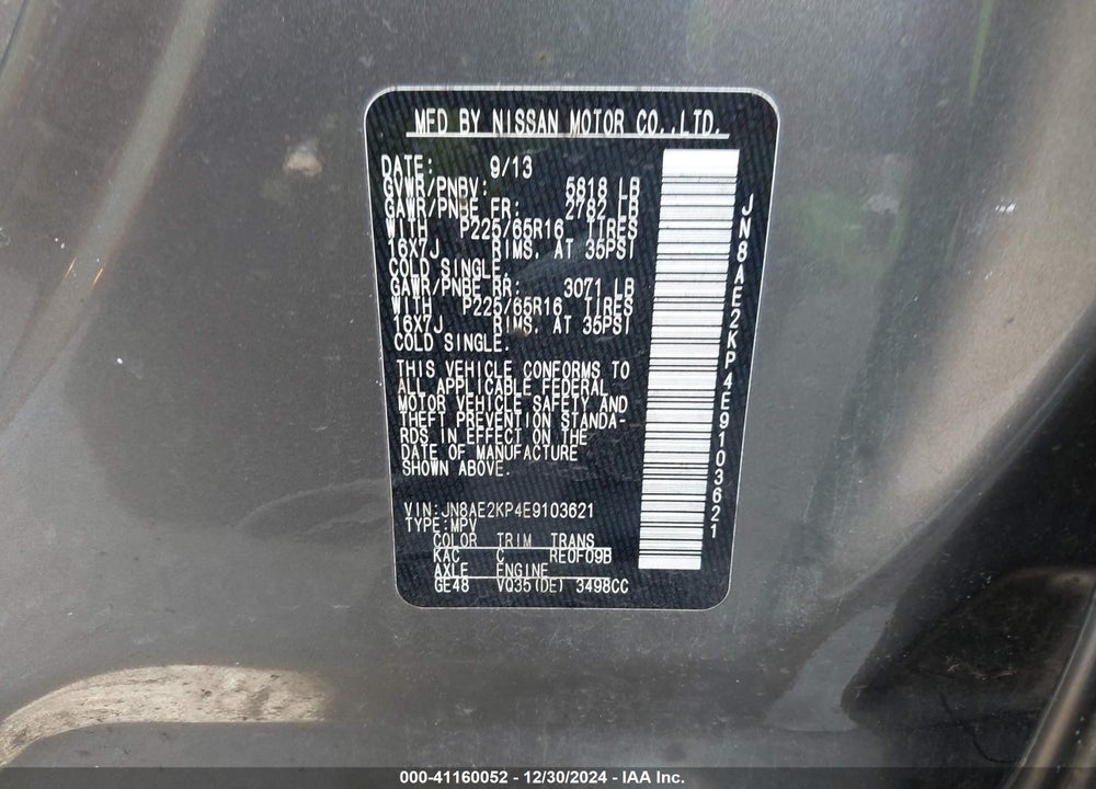 2014 NISSAN QUEST SV VIN: JN8AE2KP4E9103621