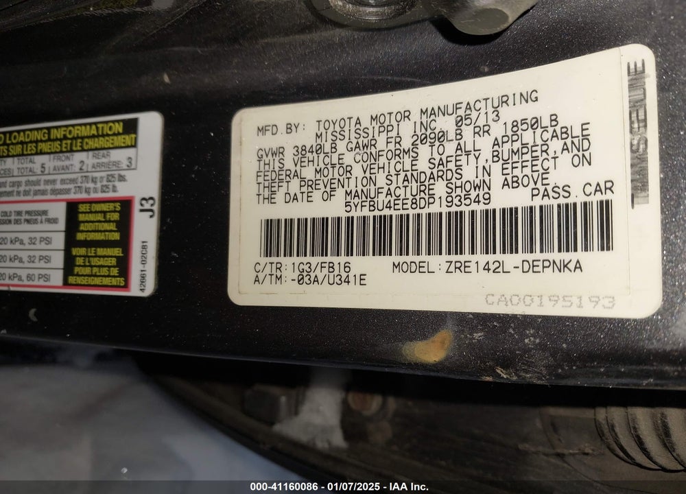 2013 TOYOTA COROLLA VIN: 5YFBU4EE8DP193549