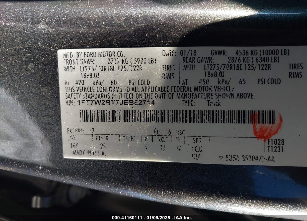 2018 FORD F250 VIN: 1FT7W2BT7JEB62714