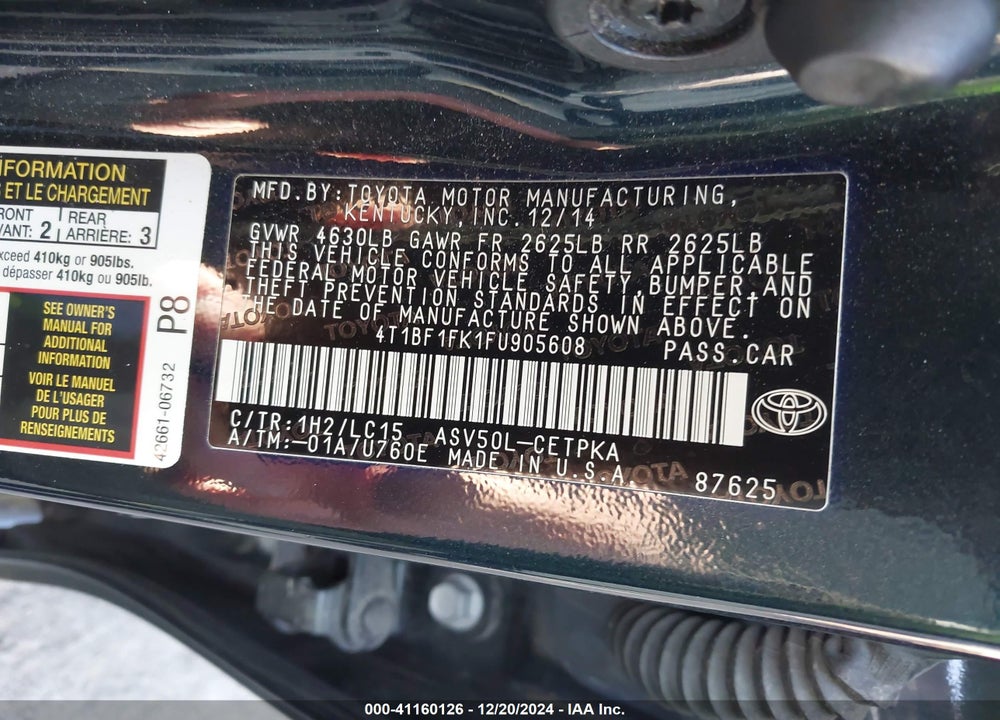 2015 TOYOTA CAMRY XSE VIN: 4T1BF1FK1FU905608