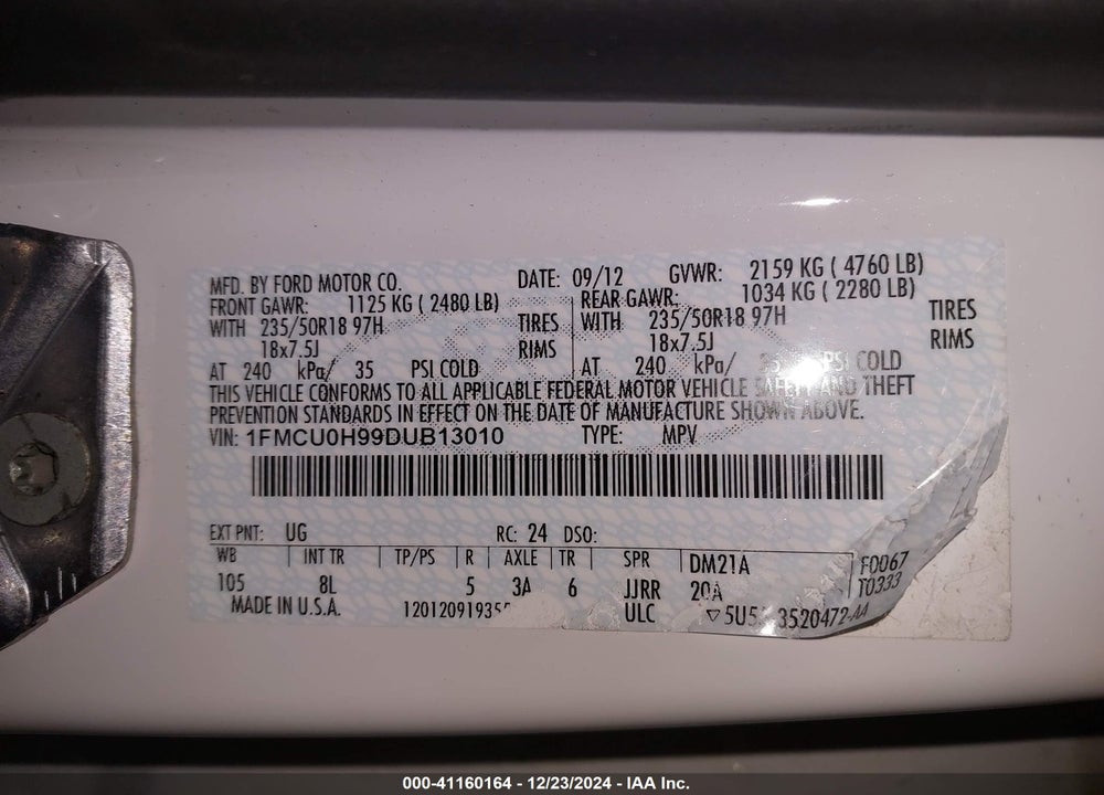 2013 FORD ESCAPE SEL VIN: 1FMCU0H99DUB13010