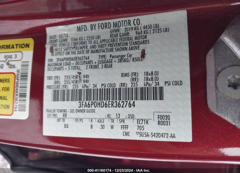 2014 FORD FUSION SE VIN: 3FA6P0HD6ER362764