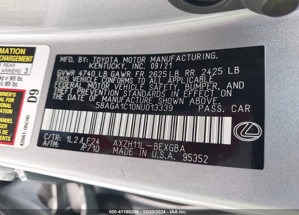 2022 LEXUS ES 300H VIN: 58AGA1C10NU013339