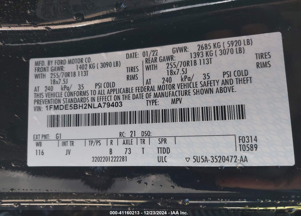 2022 FORD BRONCO VIN: 1FMDE5BH2NLA79403
