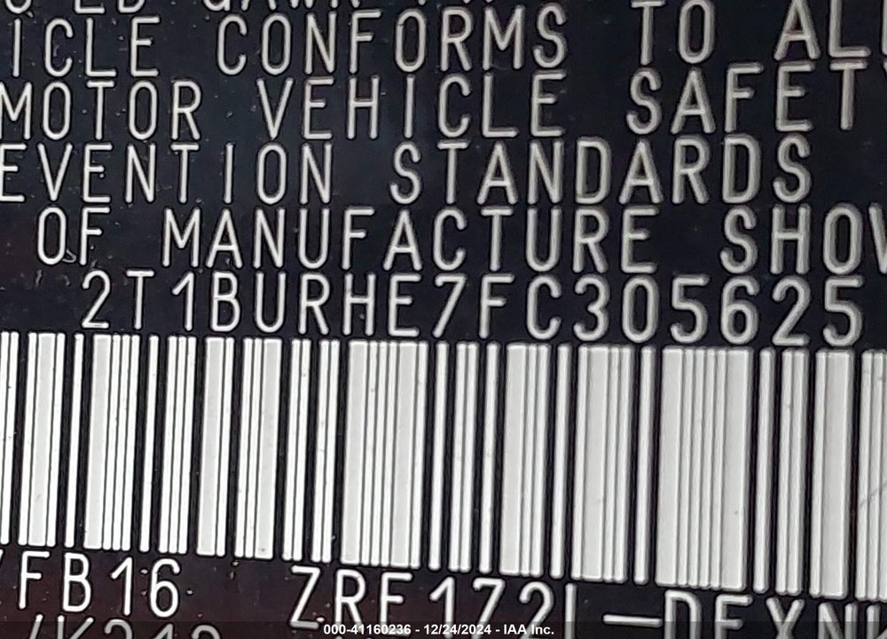 2015 TOYOTA COROLLA VIN: 2T1BURHE7FC305625