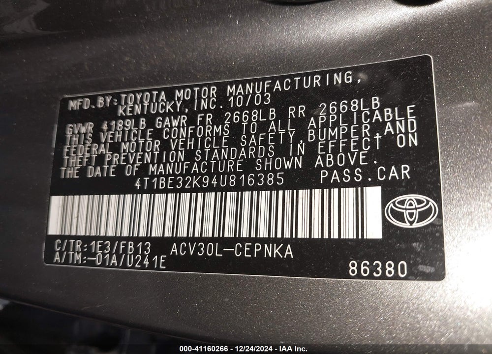 2004 TOYOTA CAMRY LE VIN: 4T1BE32K94U816385
