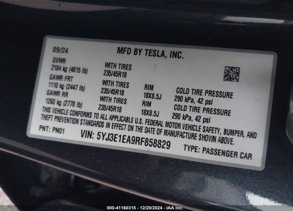 2024 TESLA MODEL 3 VIN: 5YJ3E1EA9RF858829