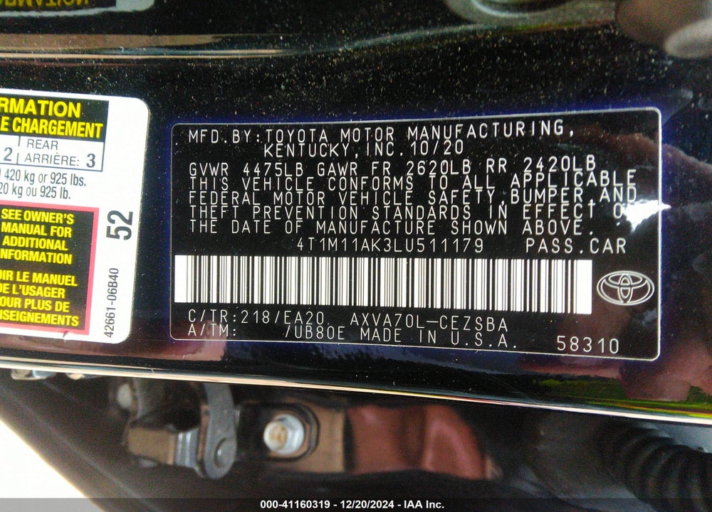 2020 TOYOTA CAMRY VIN: 4T1M11AK3LU511179