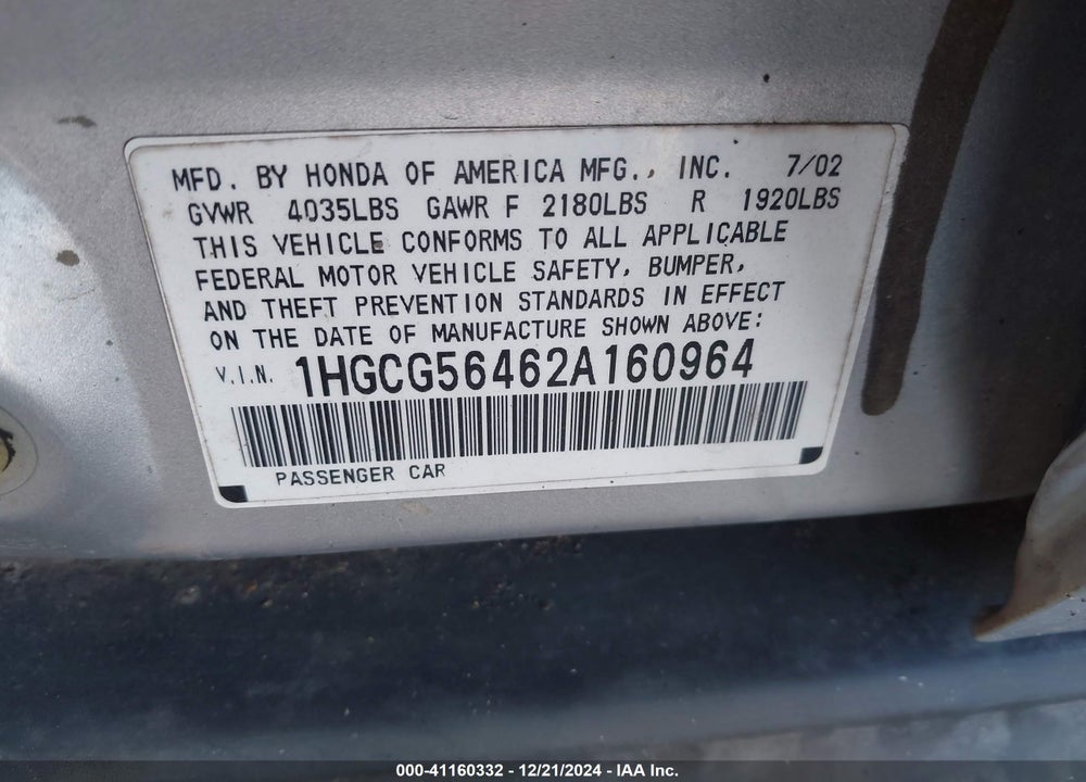 2002 HONDA ACCORD 2.3 LX VIN: 1HGCG56462A160964