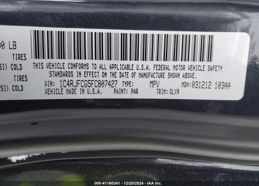 2015 JEEP GRAND CHEROKEE OVERLAND VIN: 1C4RJFCG5FC807427