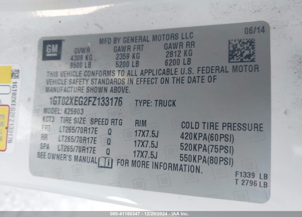 2015 GMC SIERRA 2500HD VIN: 1GT02XEG2FZ133176