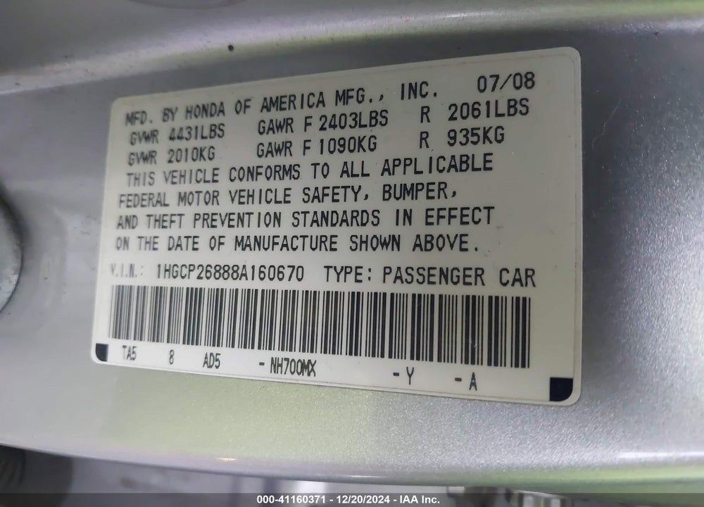 2008 HONDA ACCORD VIN: 1HGCP26888A160670