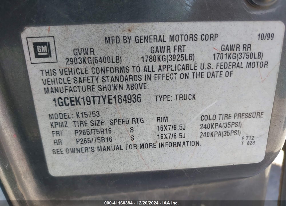 2000 CHEVROLET SILVERADO 1500 LS VIN: 1GCEK19T7YE184936