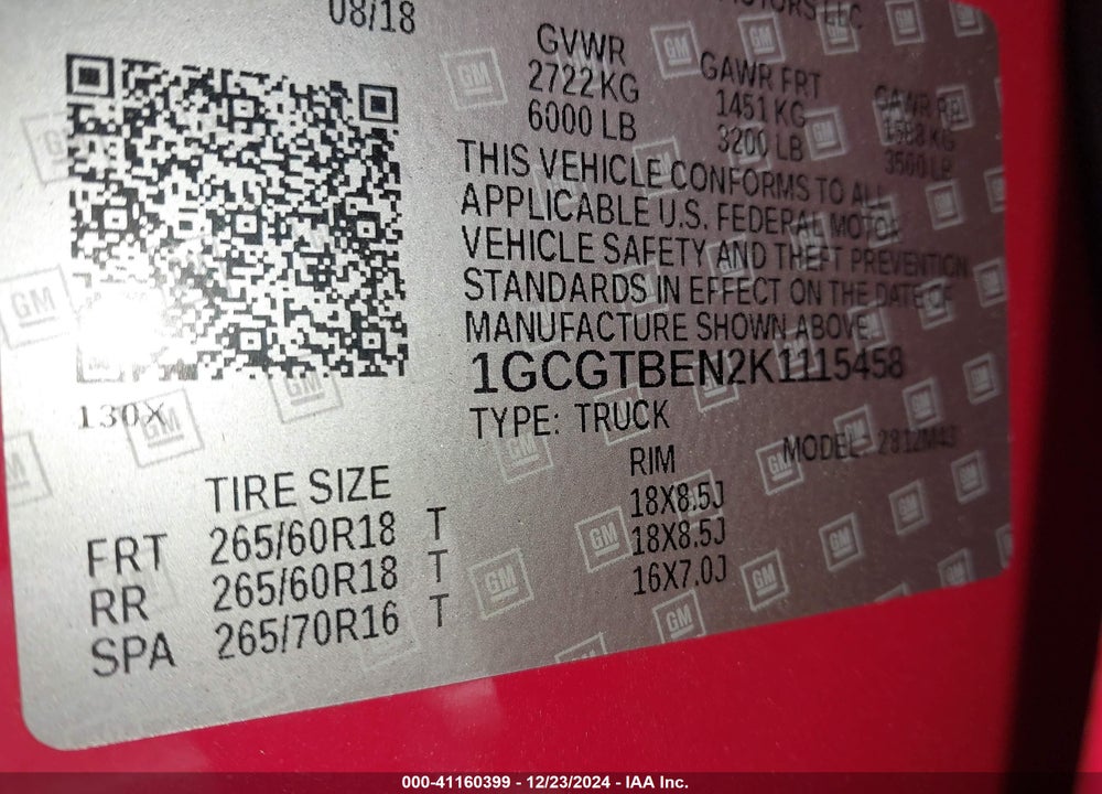 2019 CHEVROLET COLORADO VIN: 1GCGTBEN2K1115458