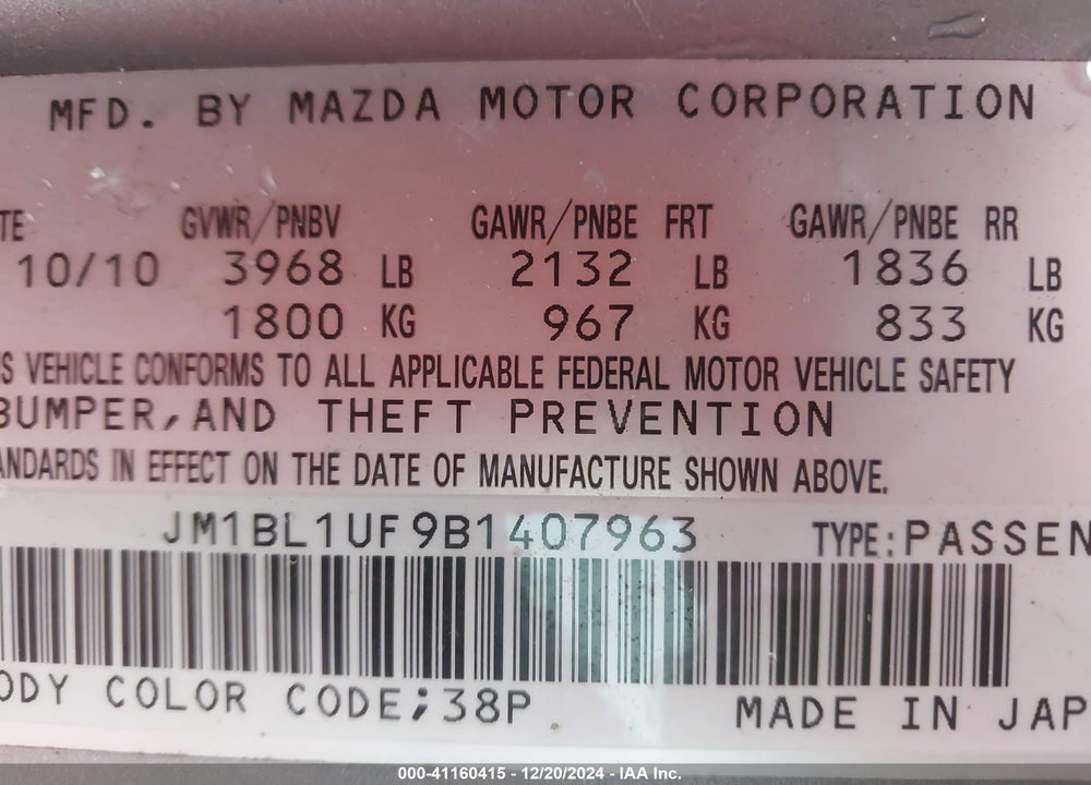 2011 MAZDA 3 I SPORT VIN: JM1BL1UF9B1407963