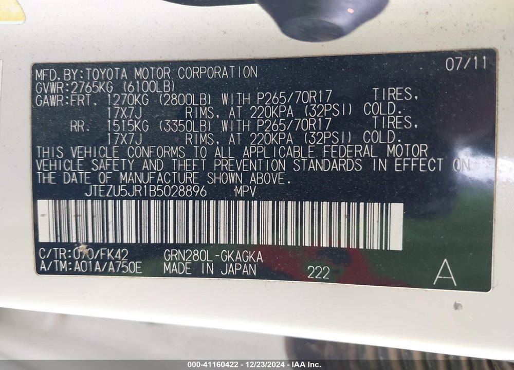 2011 TOYOTA 4RUNNER VIN: JTEZU5JR1B5028896