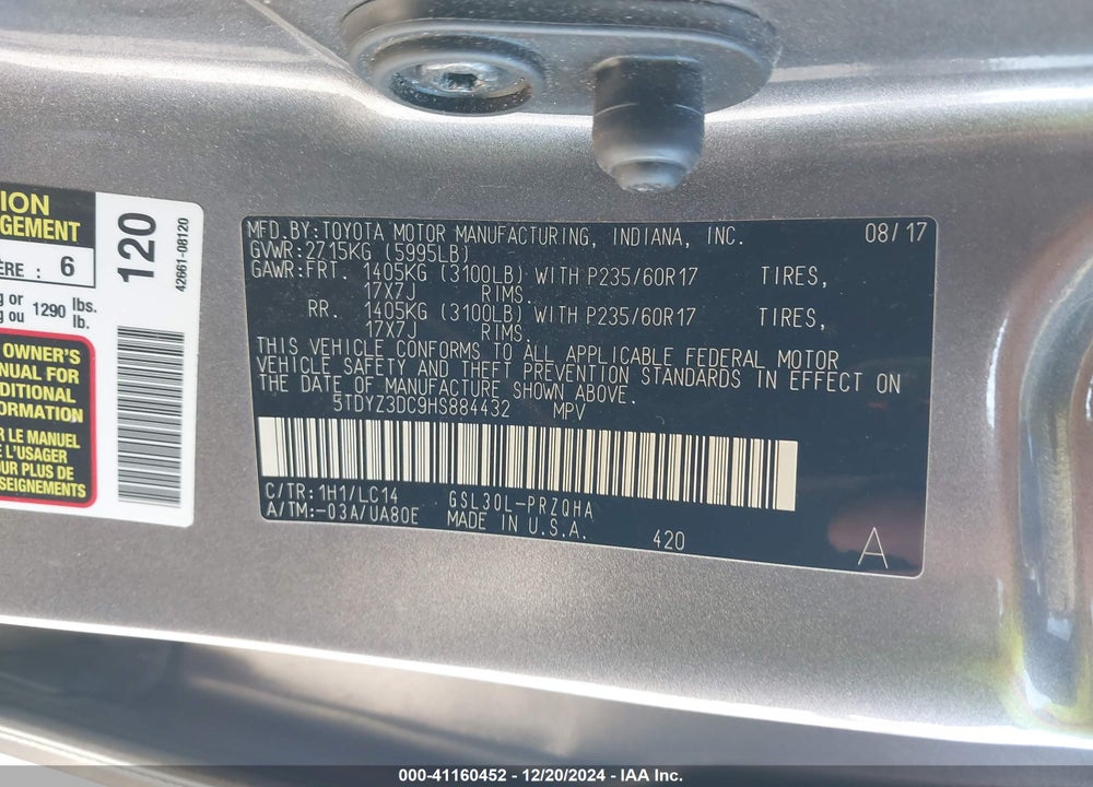 2017 TOYOTA SIENNA XLE 8 PASSENGER VIN: 5TDYZ3DC9HS884432