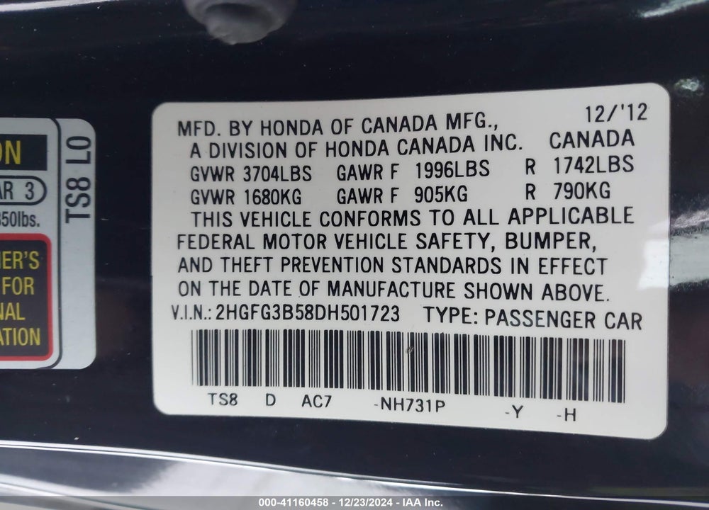 2013 HONDA CIVIC LX VIN: 2HGFG3B58DH501723