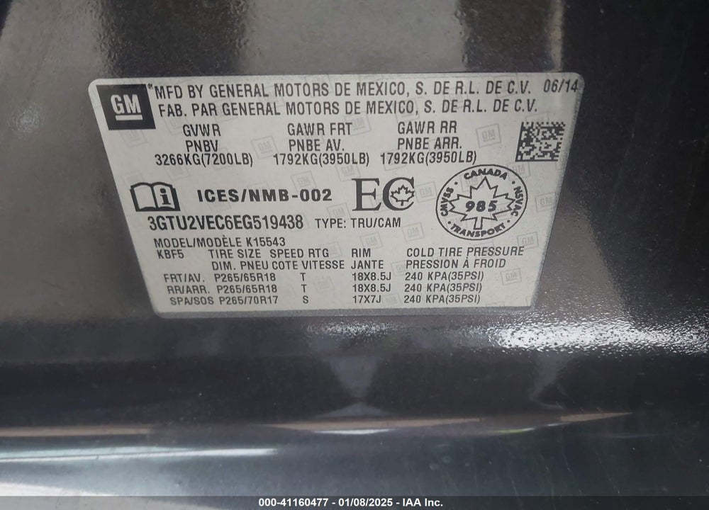 2014 GMC SIERRA VIN: 3GTU2VEC6EG519438