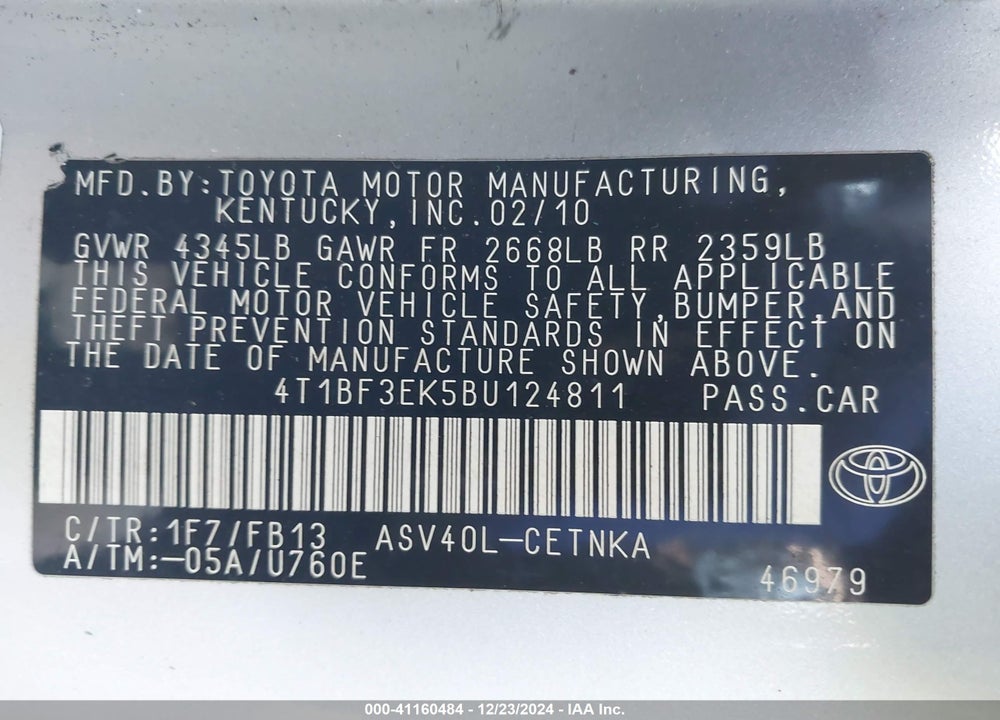 2011 TOYOTA CAMRY LE VIN: 4T1BF3EK5BU124811