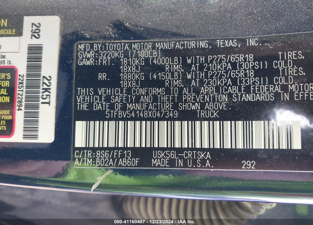 2008 TOYOTA TUNDRA SR5 5.7L V8 VIN: 5TFBV54148X047349