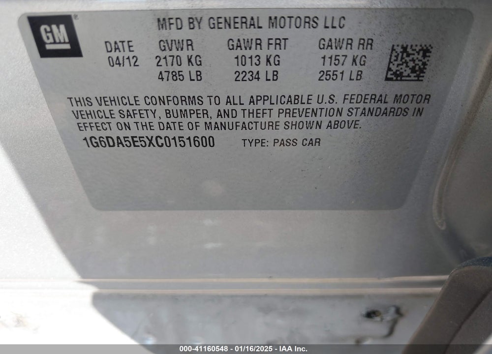 2012 CADILLAC CTS VIN: 1G6DA5E5XC0151600