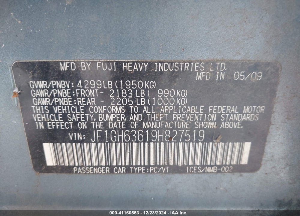2009 SUBARU IMPREZA OUTBACK SPORT VIN: JF1GH63619H827519