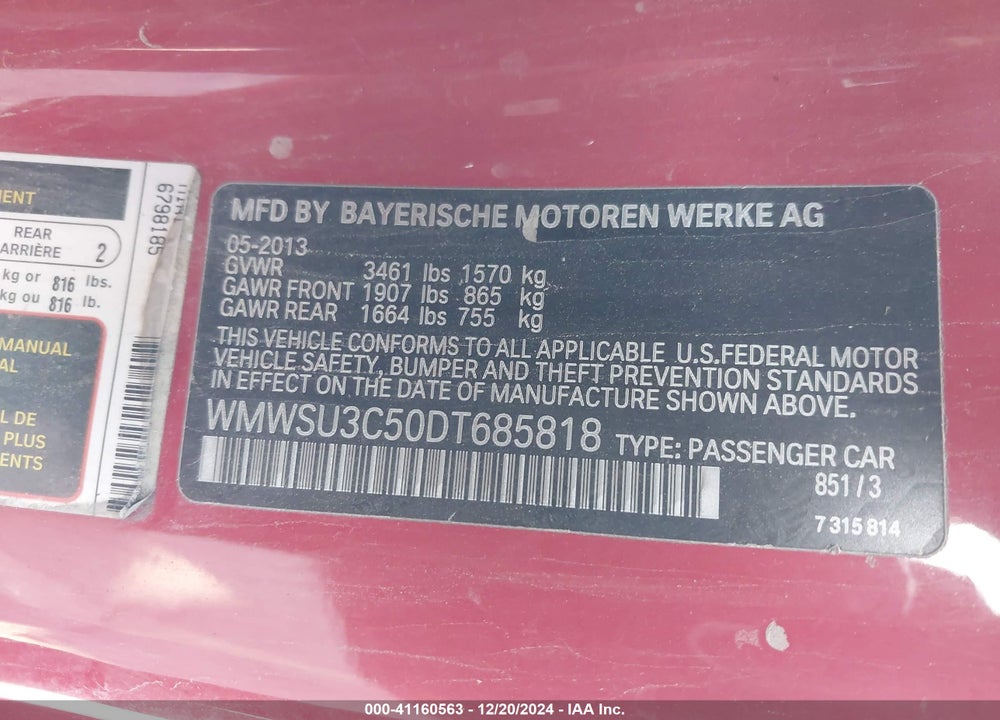 2013 MINI HARDTOP VIN: WMWSU3C50DT685818