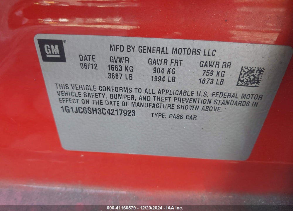 2012 CHEVROLET SONIC 2LT VIN: 1G1JC6SH3C4217923