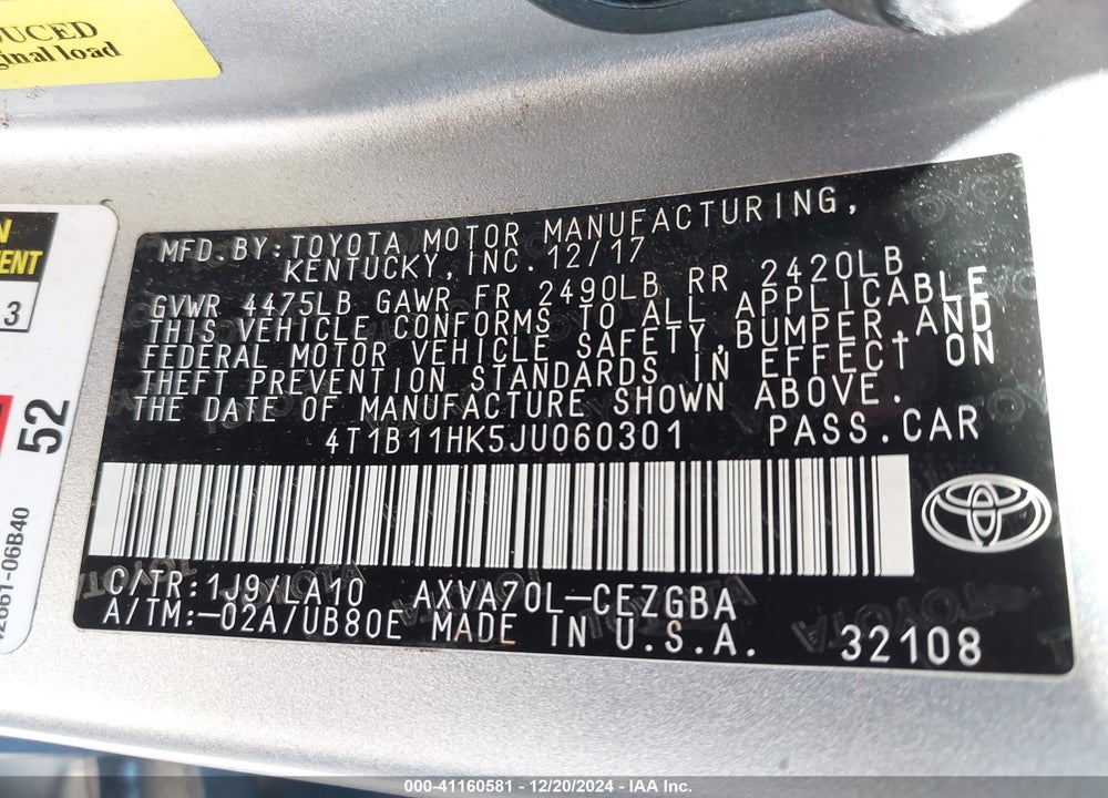 2018 TOYOTA CAMRY XLE VIN: 4T1B11HK5JU060301