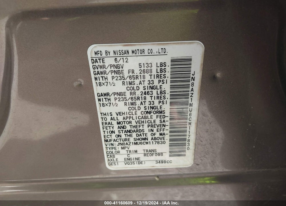 2012 NISSAN MURANO SL VIN: JN8AZ1MU6CW117830