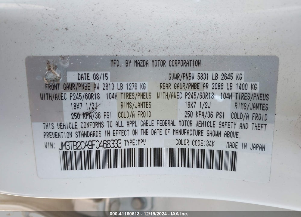 2015 MAZDA CX-9 TOURING VIN: JM3TB2CA9F0468333