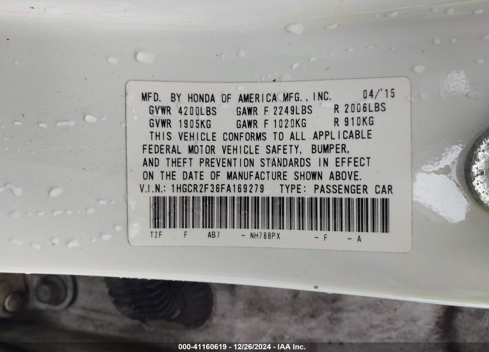 2015 HONDA ACCORD LX VIN: 1HGCR2F36FA169279