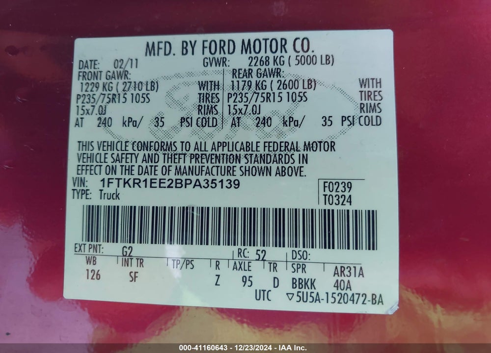 2011 FORD RANGER SPORT VIN: 1FTKR1EE2BPA35139