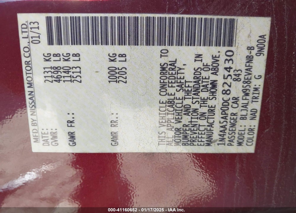 2013 NISSAN MAXIMA 3.5 SV VIN: 1N4AA5AP0DC825430