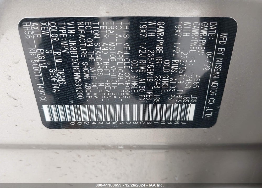 2022 NISSAN ROGUE SL INTELLIGENT AWD VIN: JN8BT3CB0NW334200