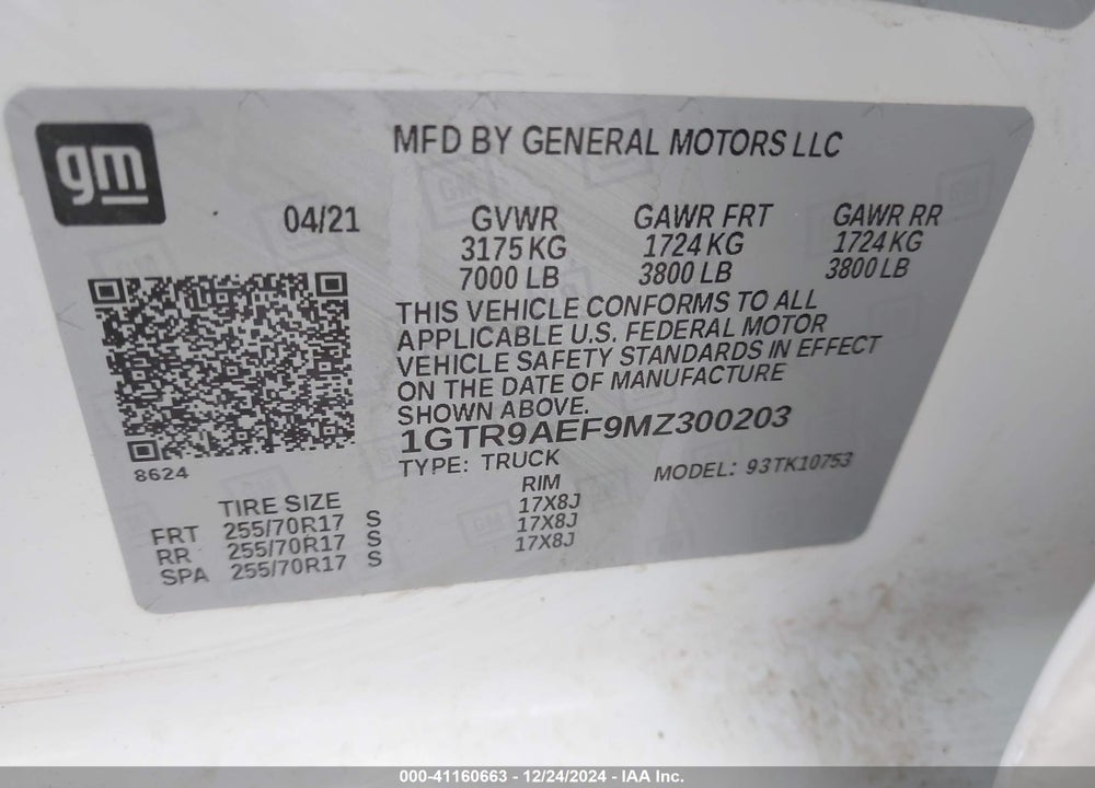 2021 GMC SIERRA 1500 4WD DOUBLE CAB STANDARD BOX VIN: 1GTR9AEF9MZ300203