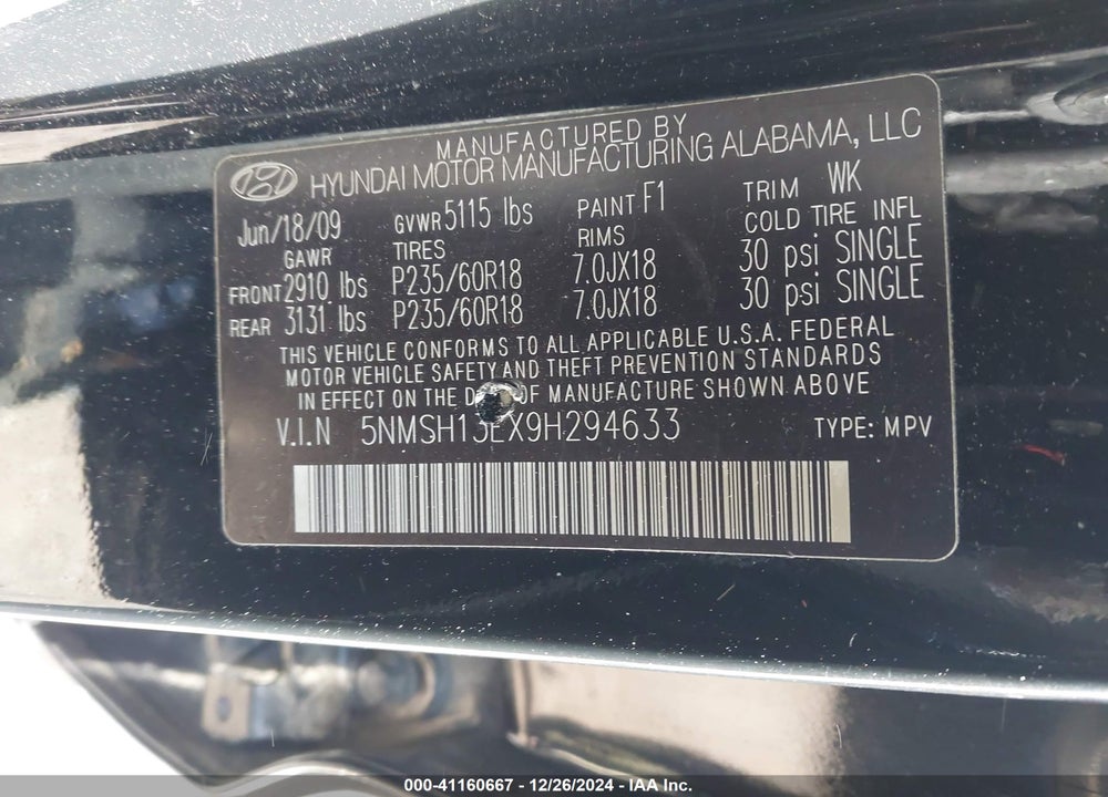 2009 HYUNDAI SANTA FE LIMITED VIN: 5NMSH13EX9H294633