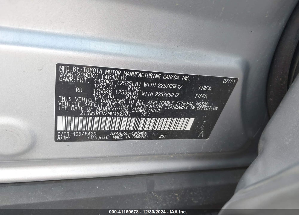 2021 TOYOTA RAV4 XLE VIN: 2T3W1RFV7MC152701