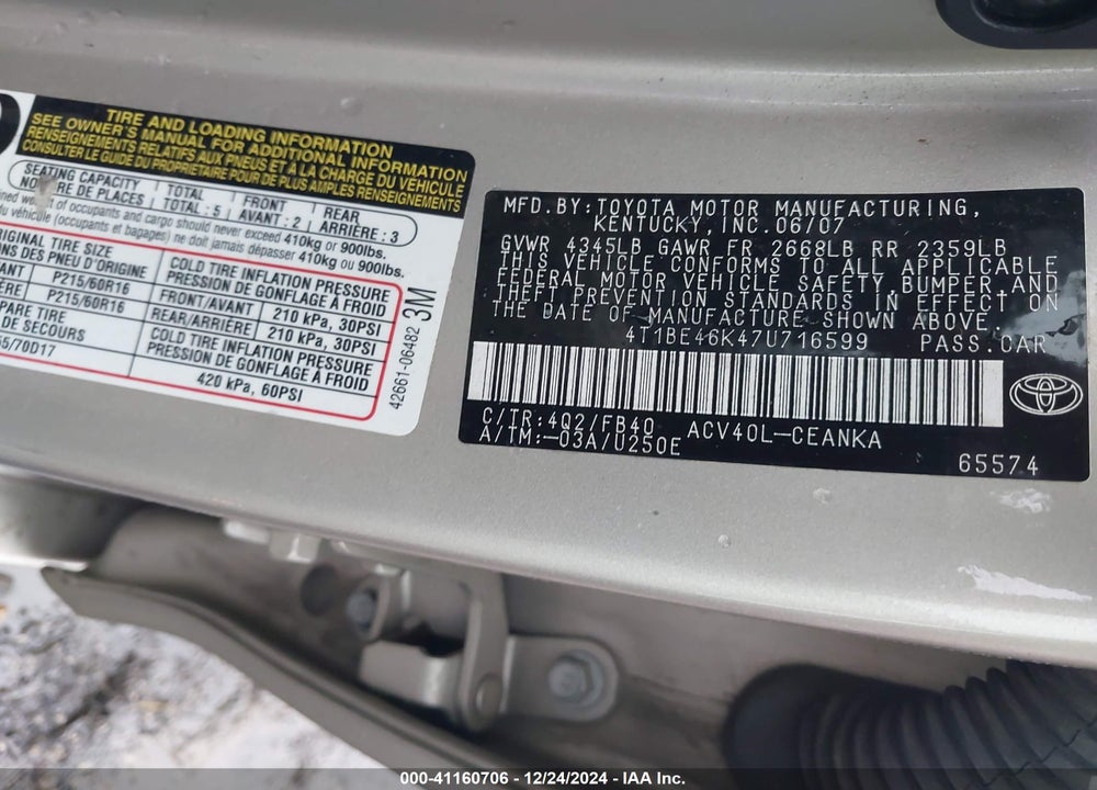 2007 TOYOTA CAMRY VIN: 4T1BE46K47U716599