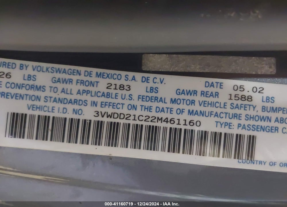 2002 VOLKSWAGEN NEW BEETLE GLX VIN: 3VWDD21C22M461160