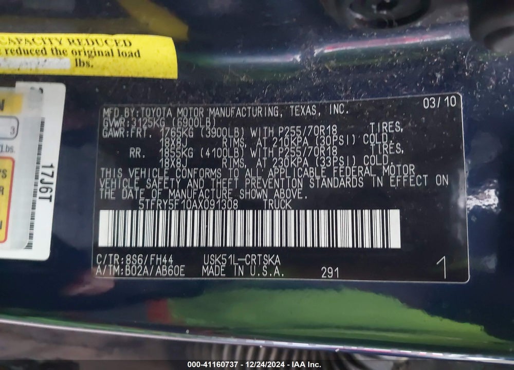 2010 TOYOTA TUNDRA GRADE 5.7L V8 VIN: 5TFRY5F10AX091308