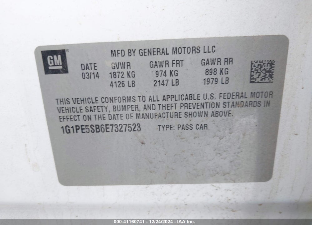 2014 CHEVROLET CRUZE VIN: 1G1PE5SB6E7327523