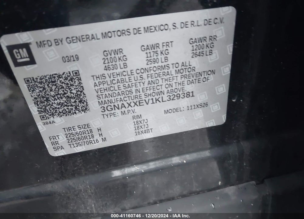 2019 CHEVROLET EQUINOX PREMIER VIN: 3GNAXXEV1KL329381