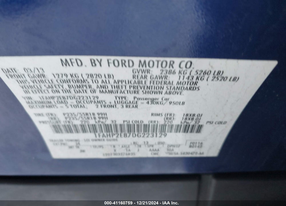 2013 FORD TAURUS SEL VIN: 1FAHP2E87DG223129